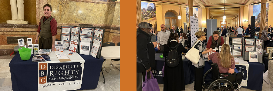 Two photos of DRC staff member Shawn Trimble at Mental Health Advocacy Day. In the first photo he smiles posing in front of DRC's exhibit table. The second photo is a candid of him speaking to two attendees.